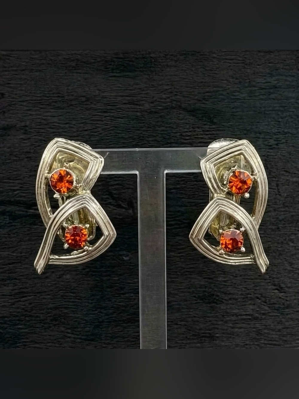 Vintage 40s Coro Topaz Orange Rhinestone Geometric Champagne Gold Clip Earrings